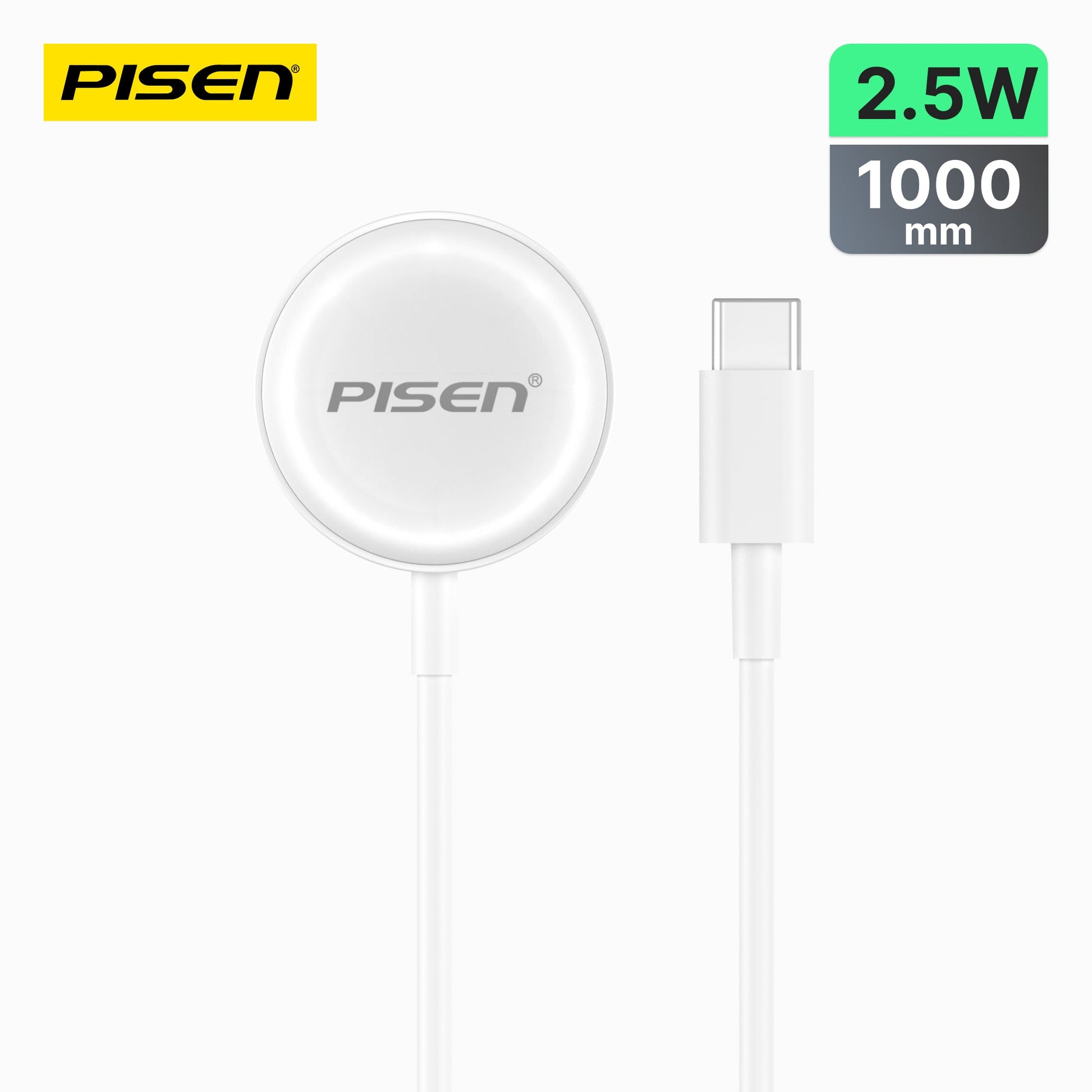 PISEN magnetic charging cable for Apple Watch, 1m white USB-C cable with round magnetic charging puck