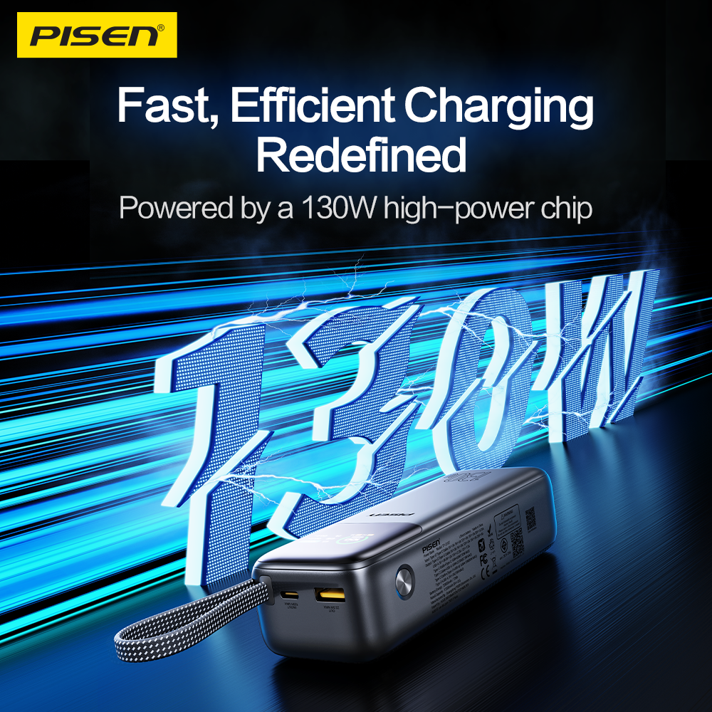 PISEN Bolt power bank graphic highlighting its 130W high-power chip for fast, efficient charging