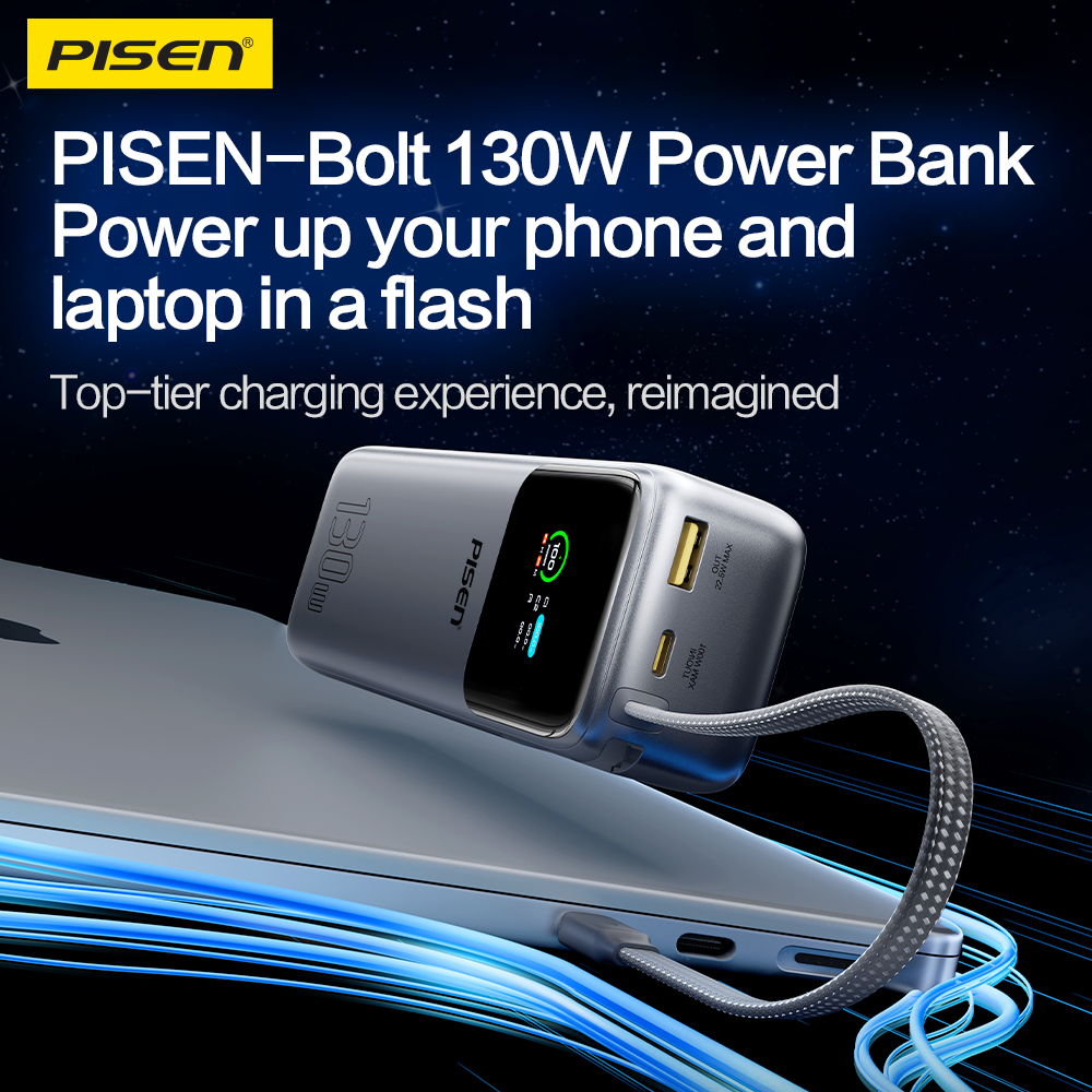 PISEN Bolt 130W power bank on a laptop showing USB-A and USB-C ports, LED display and attached cable