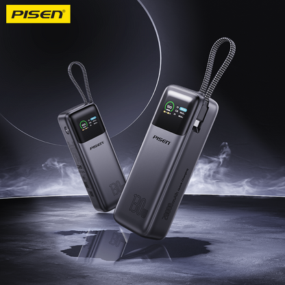 Two PISEN Bolt 130W 20000mAh power banks with braided lanyard cables shown floating in a dramatic studio shot