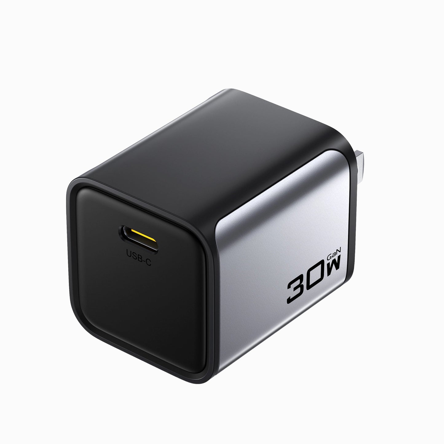 Angled view of the PISEN BOLT Lite 30W GaN mini USB-C wall charger showing the 30W side marking and folding plug