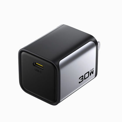 Angled view of the PISEN BOLT Lite 30W GaN mini USB-C wall charger showing the 30W side marking and folding plug