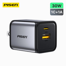 PISEN BOLT Lite 30W dual-port GaN wall charger in black and silver with USB-C and USB-A ports