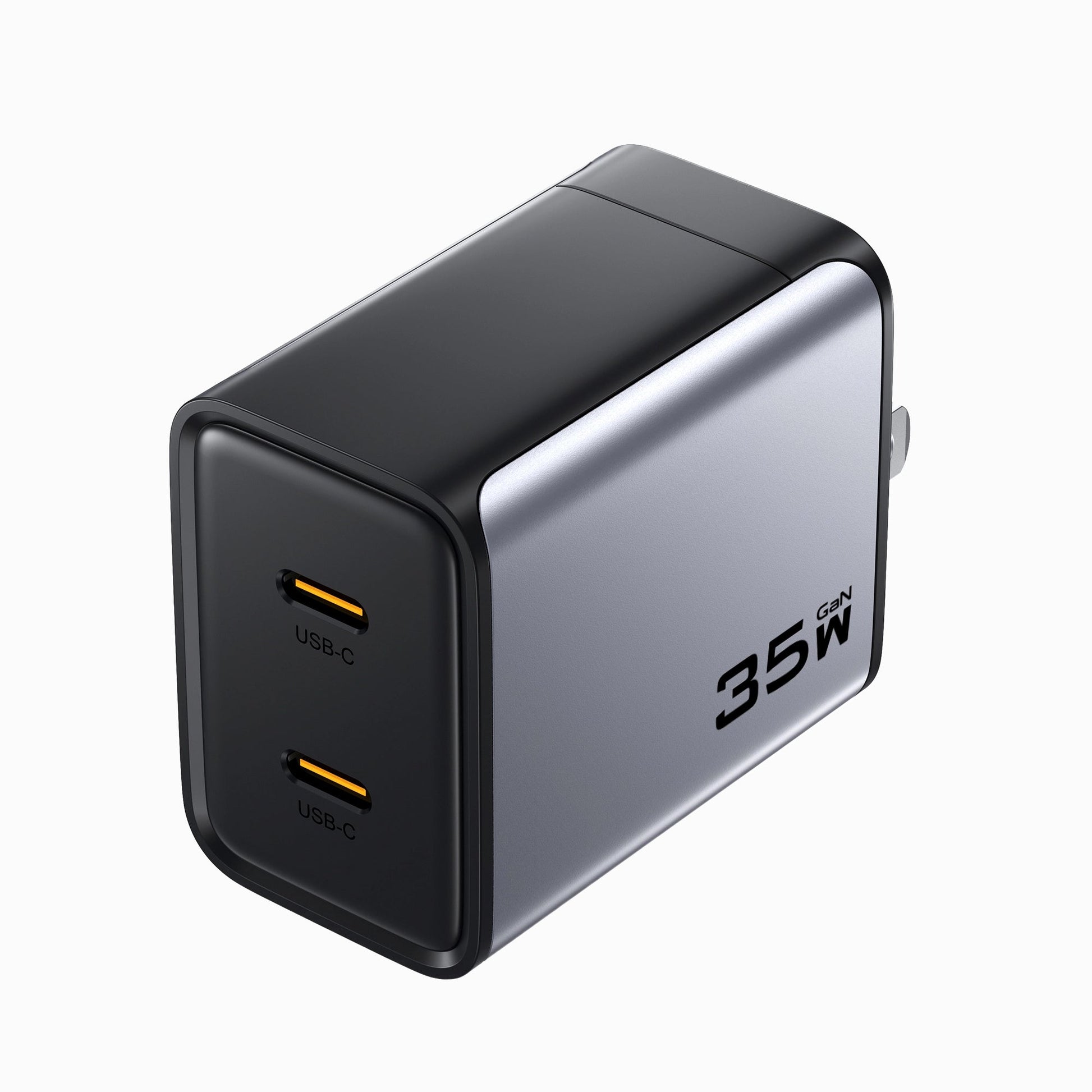 Angled view of the PISEN BOLT Lite 35W GaN charger showing dual USB-C ports and 35W side marking