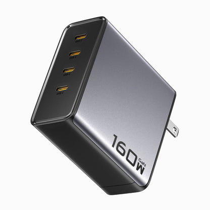 Angled view of the PISEN BOLT Pro 160W GaN charger showing four USB-C ports and 160W side marking