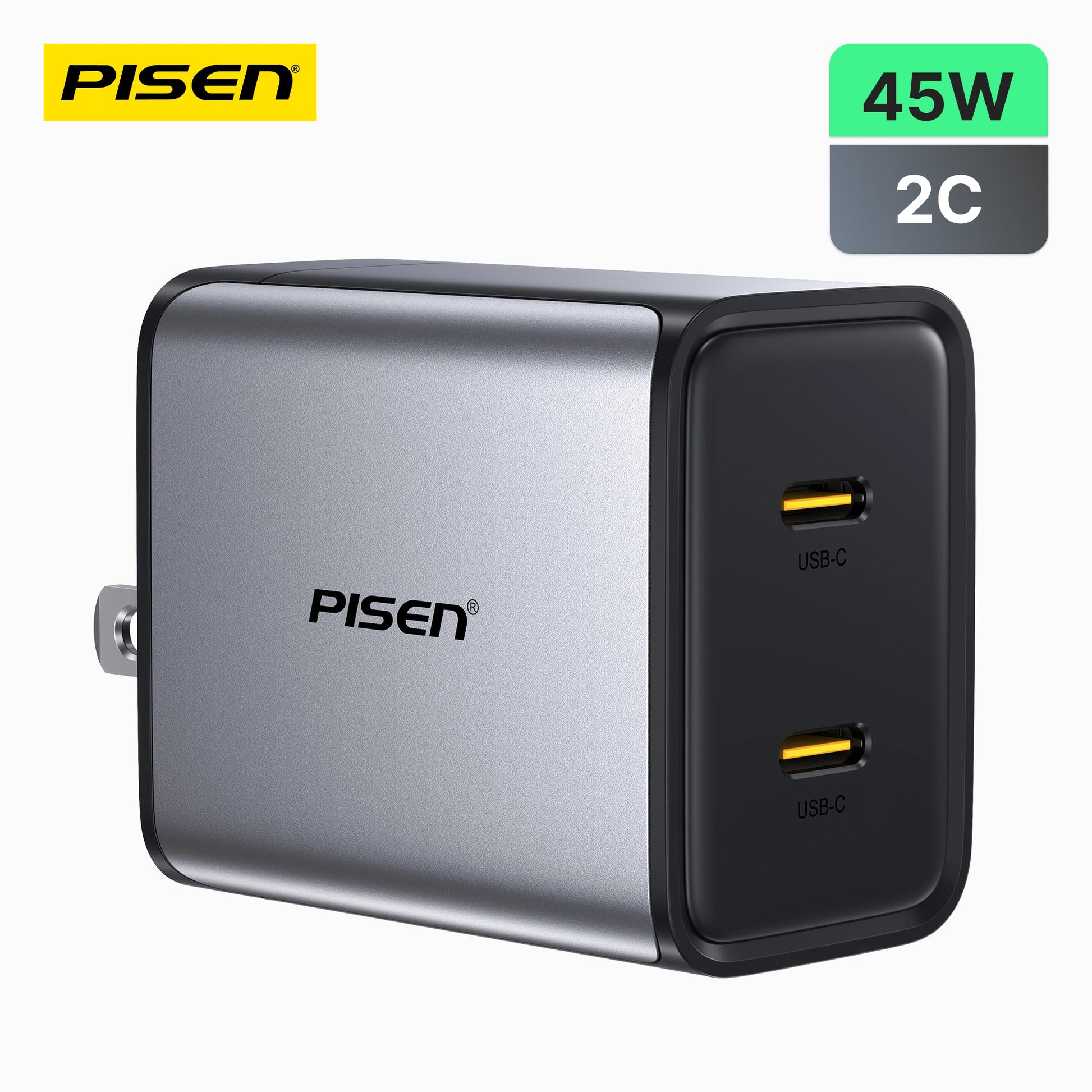 PISEN BOLT Utility 45W dual-port GaN wall charger in black and silver with two USB-C ports