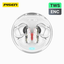 PISEN C1 ANC true wireless earbuds in transparent round charging case, front view with TWS and ENC badges