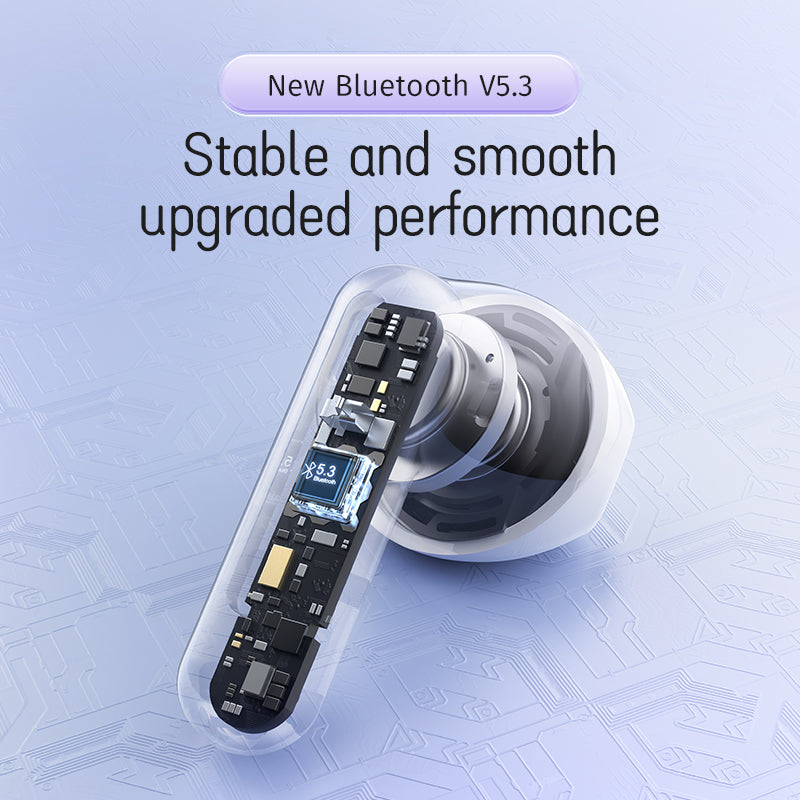PISEN C2 wireless earbud internal circuit view highlighting Bluetooth 5.3 chip for stable connection
