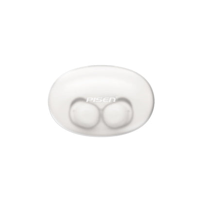 PISEN C3 true wireless earbuds closed white oval charging case, top view on plain background