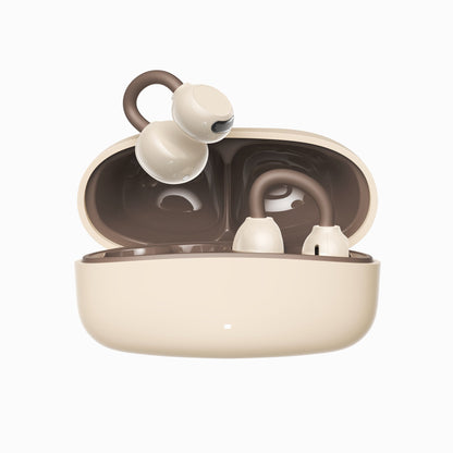 PISEN CloudFeather open-ear clip-on wireless earbuds, brown and beige colorway in open charging case