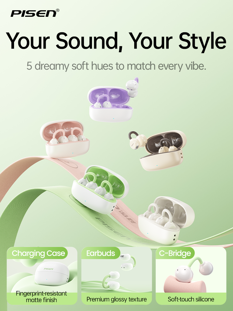 PISEN CloudFeather open-ear clip-on earbuds in five soft colorways: purple, pink, brown, green and white