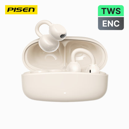 PISEN CloudFeather open-ear clip-on wireless earbuds in ivory charging case, TWS and ENC badges