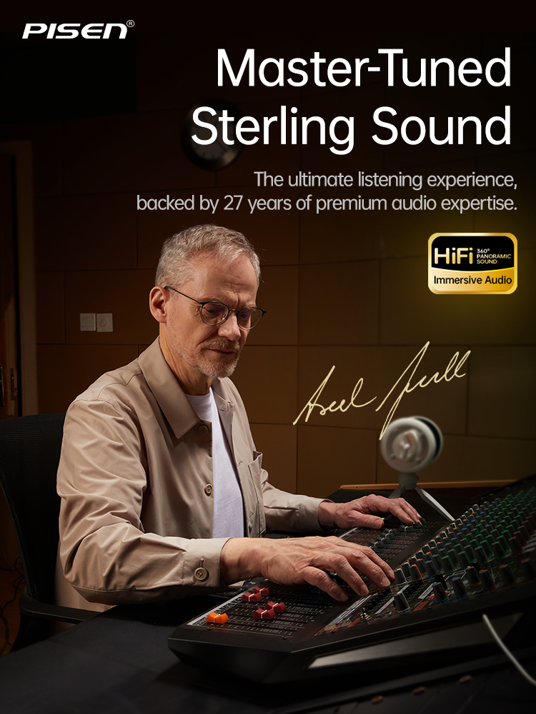 Audio engineer at mixing console, PISEN CloudFeather earbuds master-tuned hi-fi sound graphic