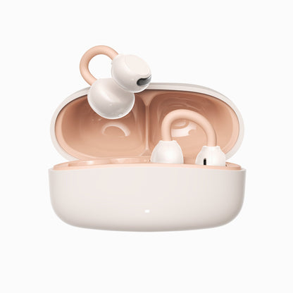 PISEN CloudFeather open-ear clip-on wireless earbuds, pink colorway in open charging case