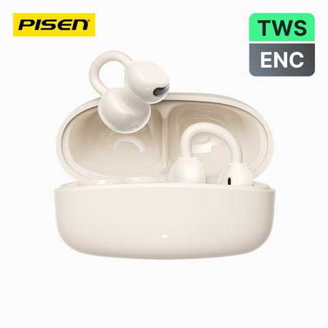 PISEN CloudFeather Open-Ear Clip-On Earbuds – Wireless Bluetooth – beige charging case with earbuds, front view