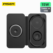 PISEN F6 3-in-1 travel magnetic wireless charger in black, unfolded top view showing 15W MagSafe and watch pads