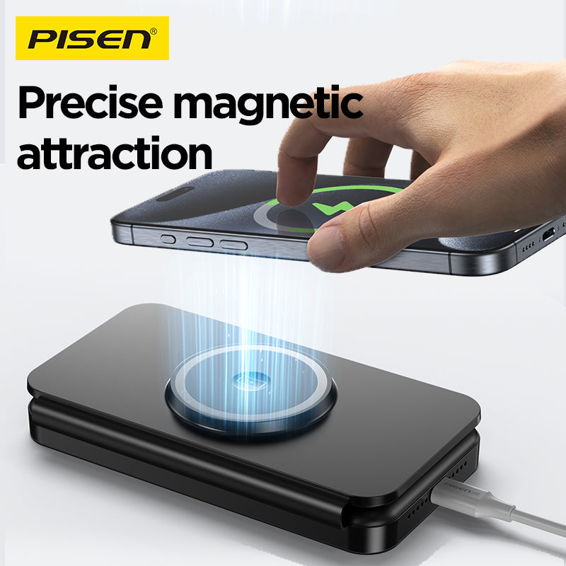 Hand snapping an iPhone onto the PISEN F6 travel charger, showing precise magnetic MagSafe attraction