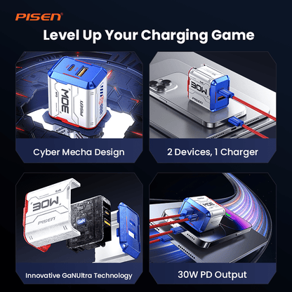 PISEN Gamer Lite 30W 2-Port GaN Fast Charger – Compact USB-C Wall Charger (TP-C33) - Pro iPhone Repair