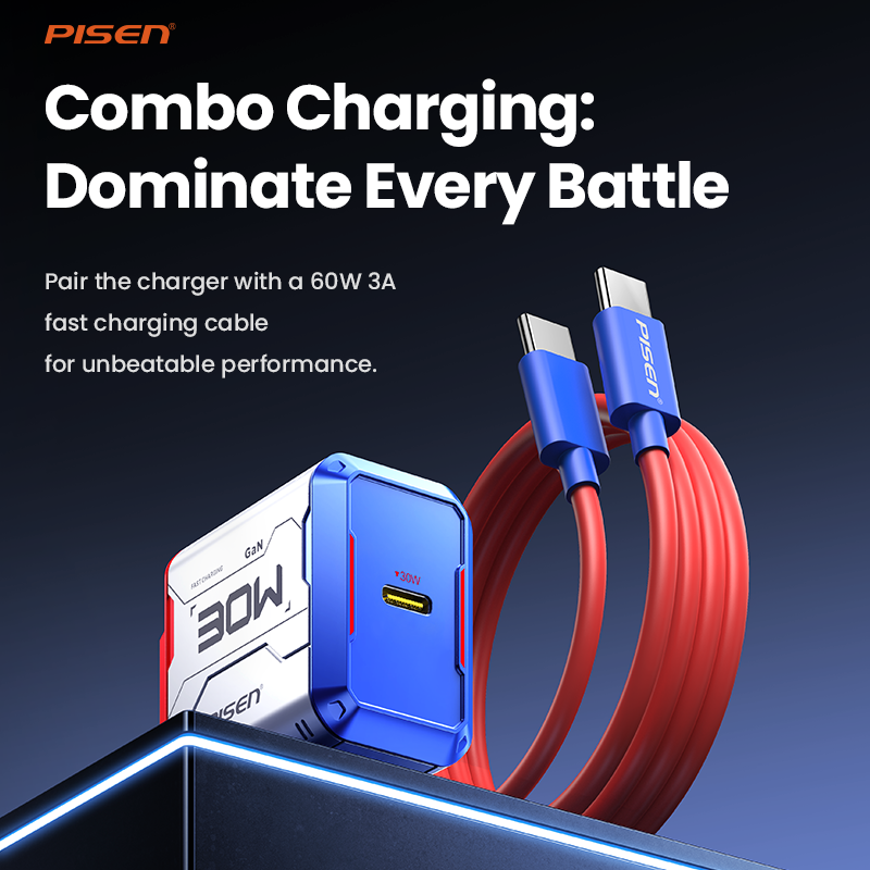 PISEN Gamer Lite 30W GaN wall charger paired with a red 60W 3A USB-C fast charging cable