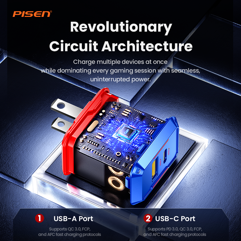 Internal circuit board view of PISEN Gamer Lite 30W charger TP-C33 with USB-A and USB-C ports labeled