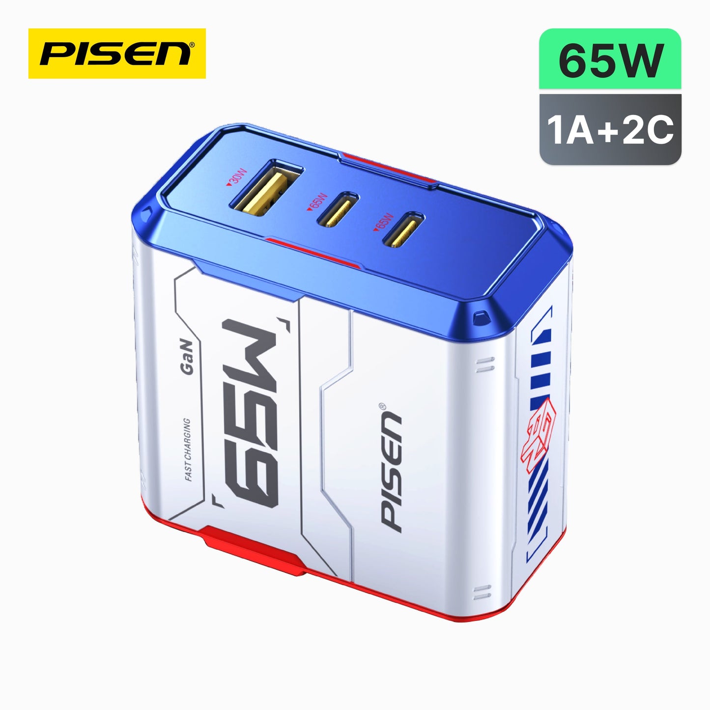 PISEN Gamer Lite 65W 3-port GaN wall charger TP-C34, white and blue mecha design with one USB-A and two USB-C ports