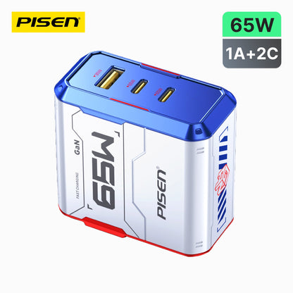 PISEN Gamer Lite 65W 3-port GaN wall charger TP-C34, white and blue mecha design with one USB-A and two USB-C ports