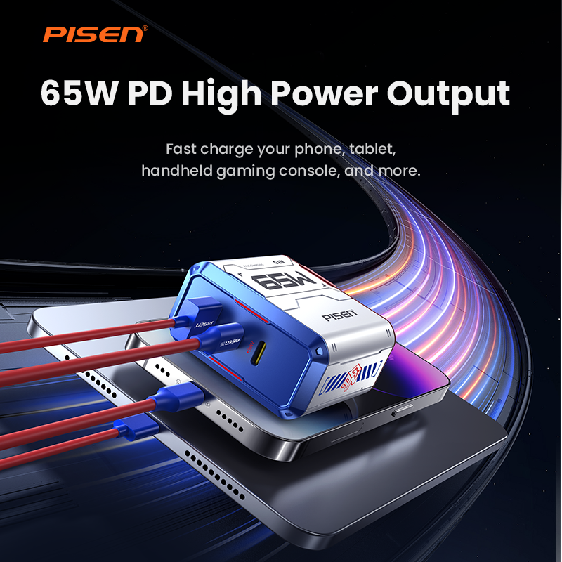 PISEN Gamer Lite TP-C34 charging phone and tablet together, showing 65W PD high power output