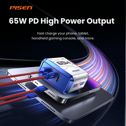 PISEN Gamer Lite TP-C34 charging phone and tablet together, showing 65W PD high power output