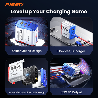 Feature grid for PISEN Gamer Lite 65W charger TP-C34: mecha design, three-device charging, GaNUltra tech, 65W PD output