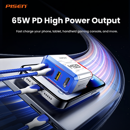 PISEN Gamer Utility GaNHub TP-C31 fast charging multiple devices, showing 65W PD high power output