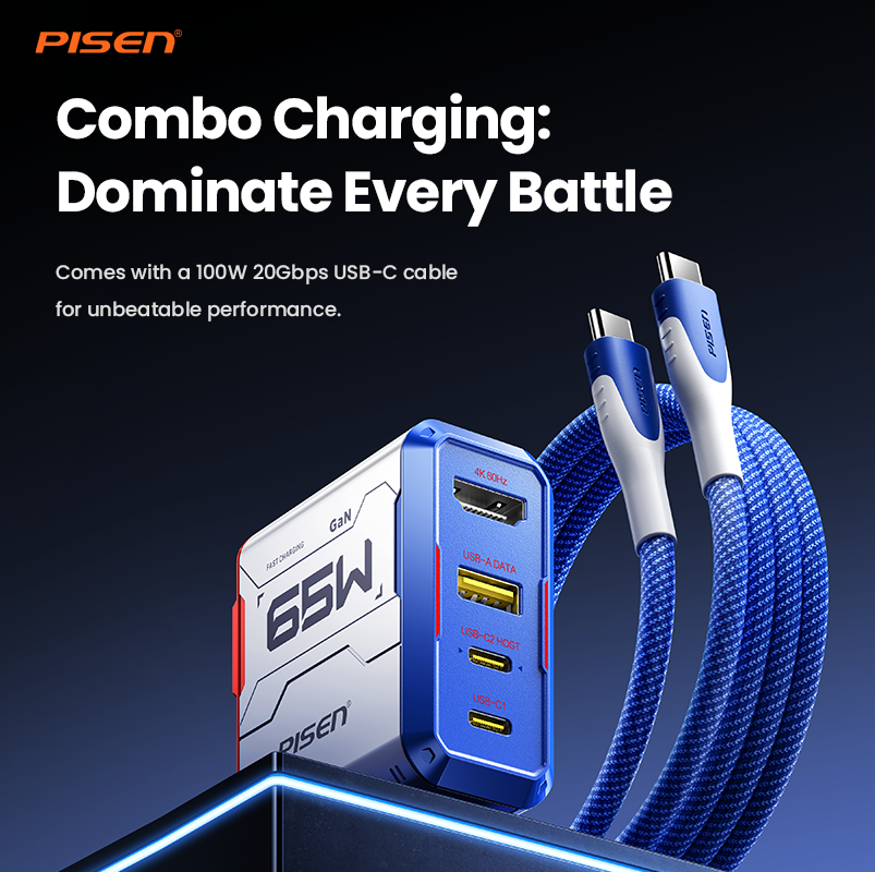 PISEN Gamer Utility 65W GaNHub TP-C31 with included blue braided 100W 20Gbps USB-C cable, combo charging graphic