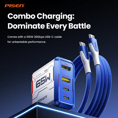 PISEN Gamer Utility 65W GaNHub TP-C31 with included blue braided 100W 20Gbps USB-C cable, combo charging graphic