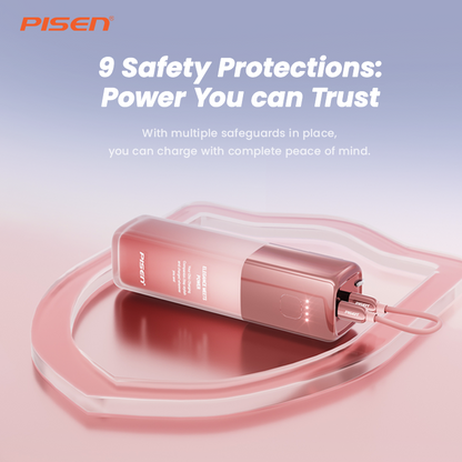 Sakura pink PISEN GlamVolt 30W power bank on a shield motif highlighting 9 built-in safety protections