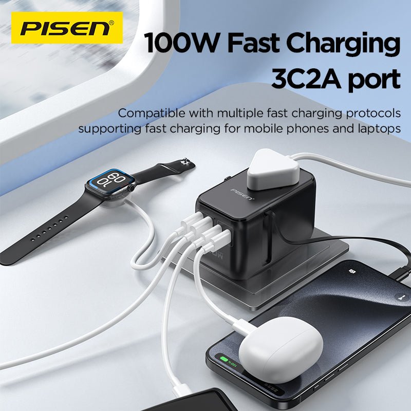PISEN Global Travel 100W 5-Port GaN Fast Charger – Multi-Port USB-C Travel Adapter (TP-C95) - Pro iPhone Repair