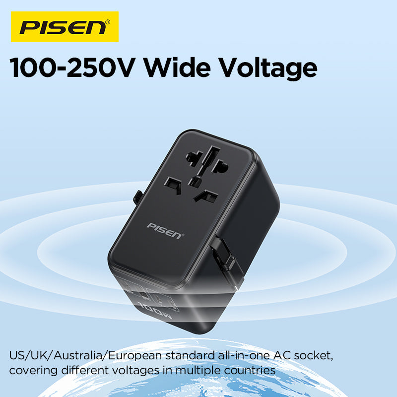 PISEN Global Travel 100W adapter TP-C95 with 100-250V wide voltage all-in-one AC socket for US, UK, AU and EU plugs