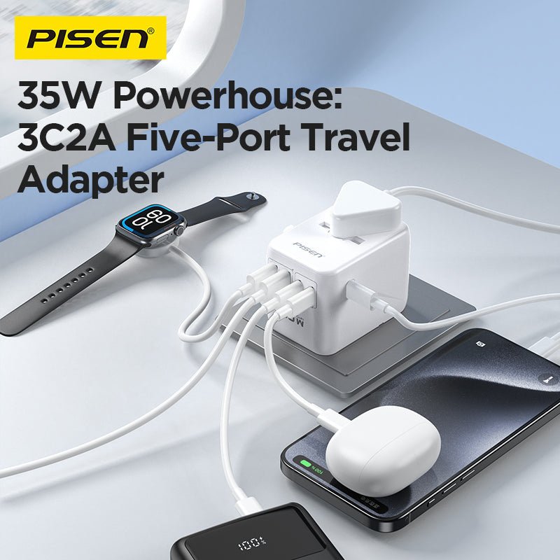 PISEN Global Travel 35W 5-Port GaN Fast Charger – Multi-Port USB-C Travel Adapter (TP-C110) - Pro iPhone Repair
