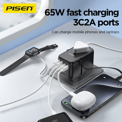PISEN 65W GaN travel charger TP-C94 fast charging a phone, smartwatch and earbuds at once via 3C2A ports