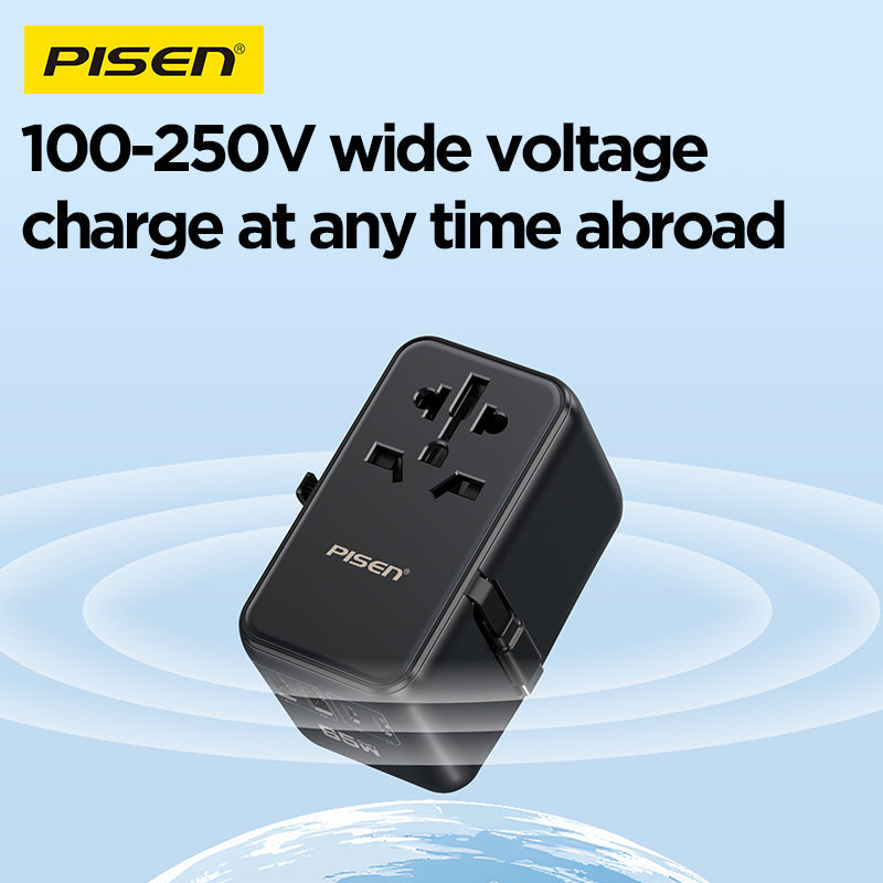 PISEN 65W GaN travel adapter TP-C94 supports 100-250V wide voltage for charging abroad