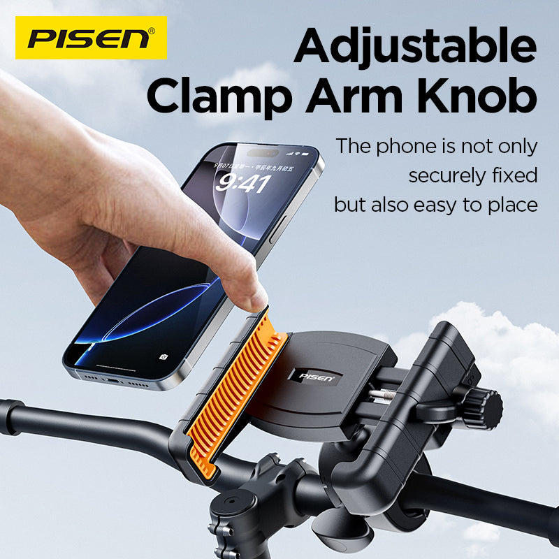 Hand placing an iPhone into the PISEN bike phone holder TP-ZJ01, showing the adjustable clamp arm knob