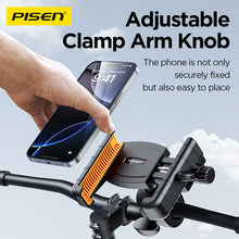 Hand placing an iPhone into the PISEN bike phone holder TP-ZJ01, showing the adjustable clamp arm knob