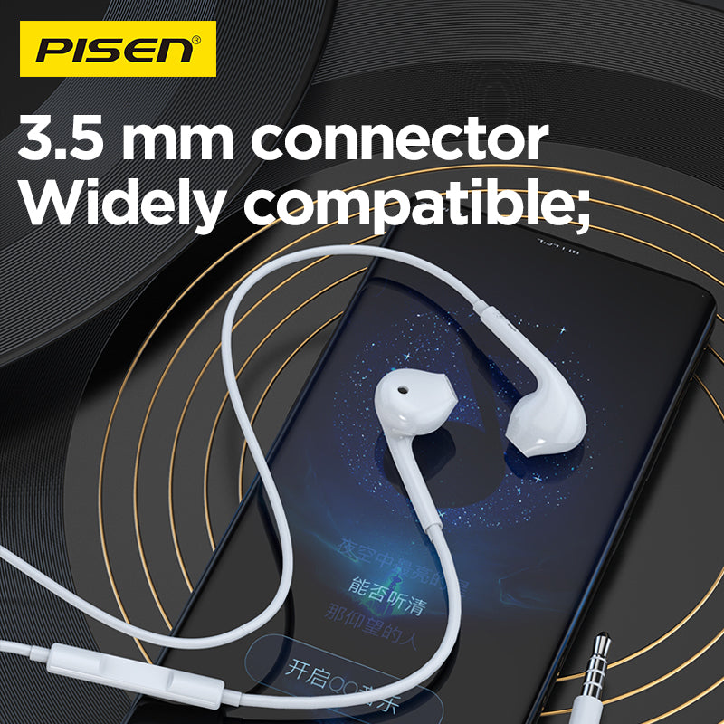 PISEN AP01 wired earphones resting on a smartphone with the widely compatible 3.5mm connector shown
