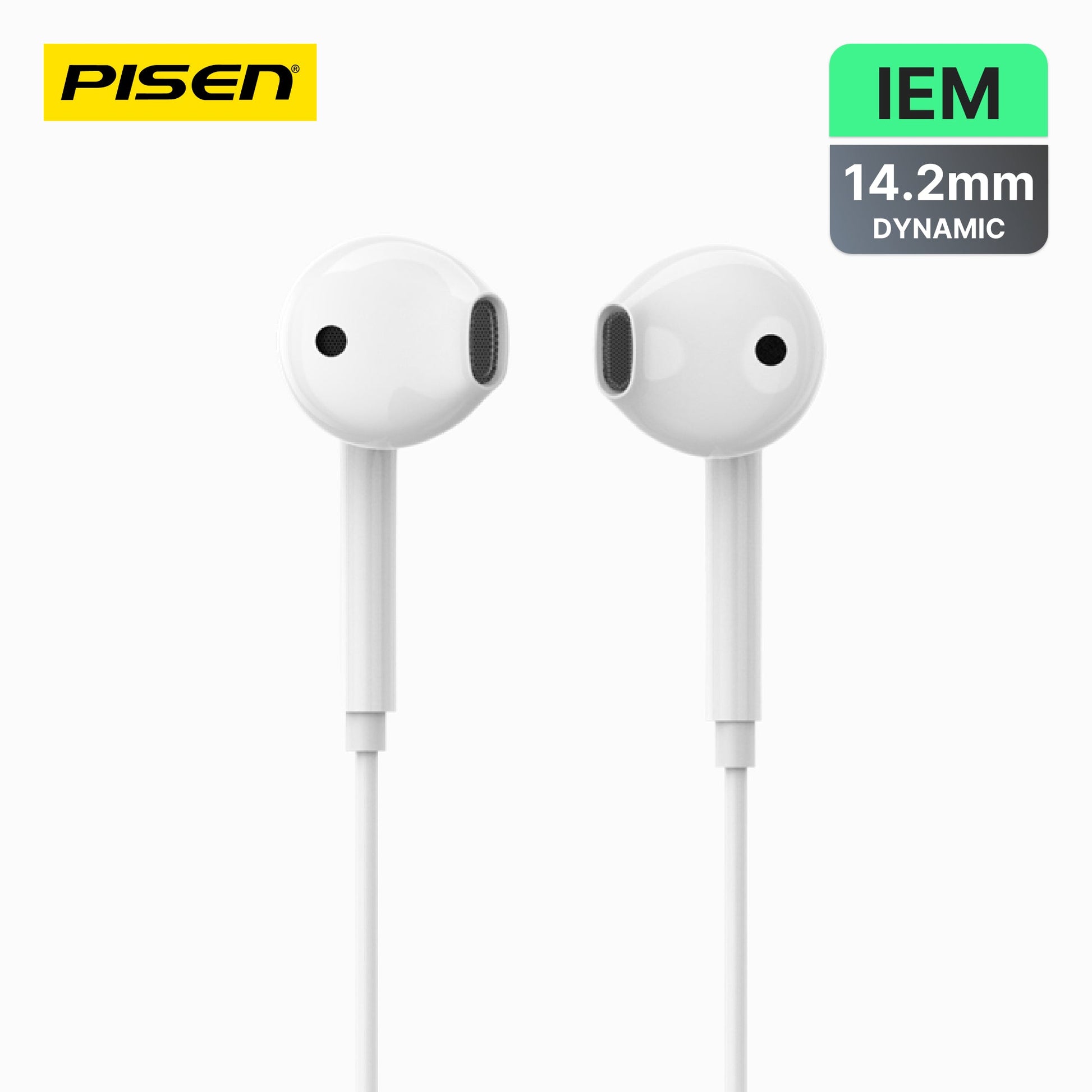 PISEN AP01 half-in-ear wired earphones in white with 14.2mm dynamic drivers, front view of both earbuds
