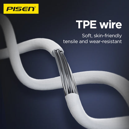 Close-up of the soft, wear-resistant TPE cable of PISEN AP01 wired earphones with inner wires exposed