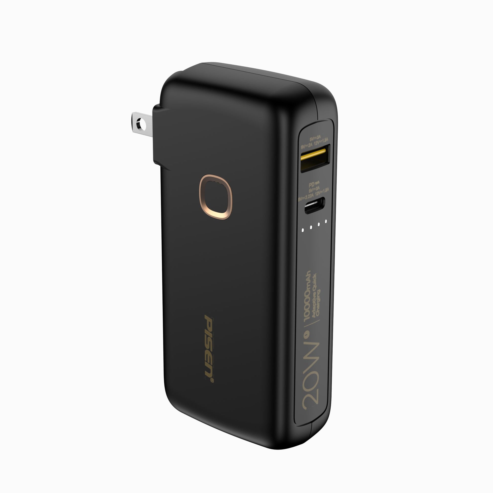 PISEN High Power Box TS-D308 20W 10000mAh power bank in black, angled view of USB-A and USB-C ports