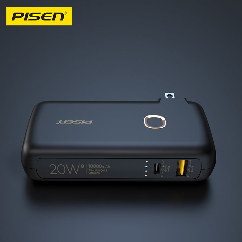 Black PISEN TS-D308 power bank lying flat, close-up of the 20W 10000mAh label, USB-C and USB-A ports