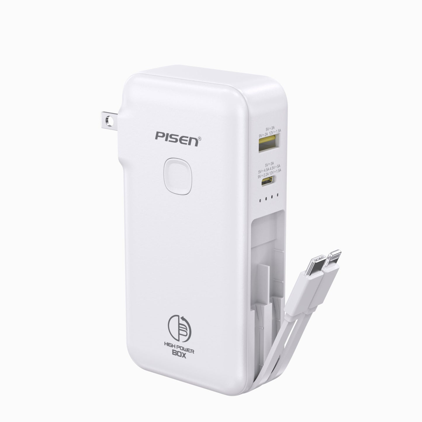 White PISEN TS-D312 22.5W 10000mAh power bank, angled view of built-in dual cables and charging ports