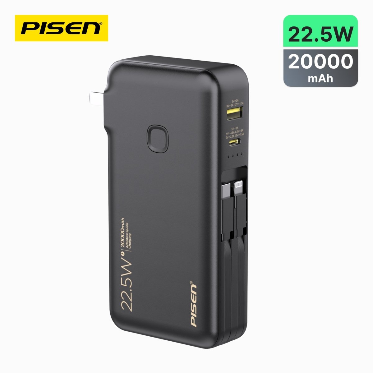 PISEN High Power Box 22.5W Power Bank 20000mAh – Fast Charger with Built-In Cables (TS-D313) - Pro iPhone Repair