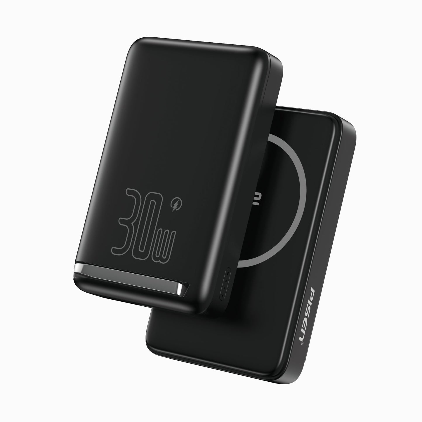 PISEN MagiPi 30W magnetic wireless power bank in black, front and back views showing MagSafe charging ring