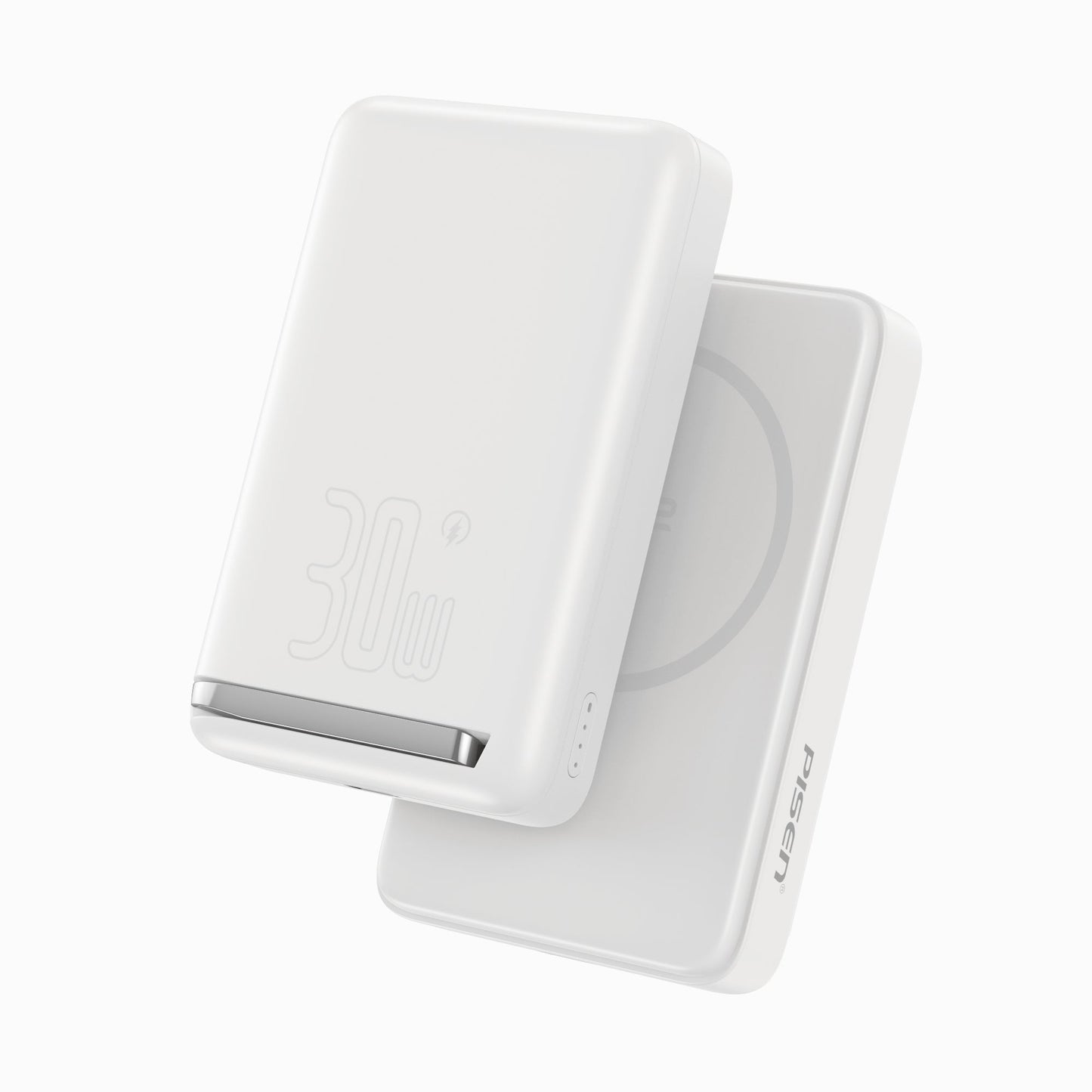 PISEN MagiPi 30W MagSafe power bank in white, front and back views with kickstand edge visible