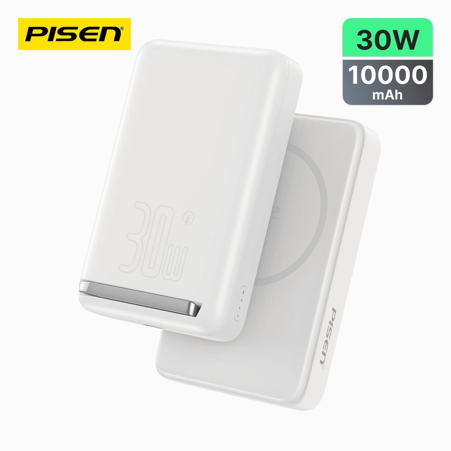 PISEN MagiPi 30W magnetic wireless power bank, 10000mAh, white, front and back views with capacity badges